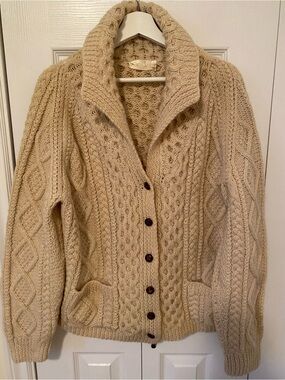 Heather Crafts hand Made Aran Cable-Knit Button-Front 100% wool Cardigan M/L